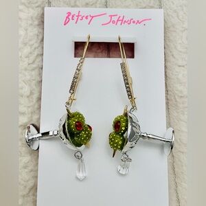 NEW Betsey Johnson Green Martini Olive Glass Drop Earrings